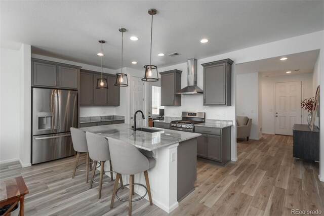 kitchen featuring an island with sink, sink, hanging light fixtures, stainless steel appliances, and wall chimney range hood