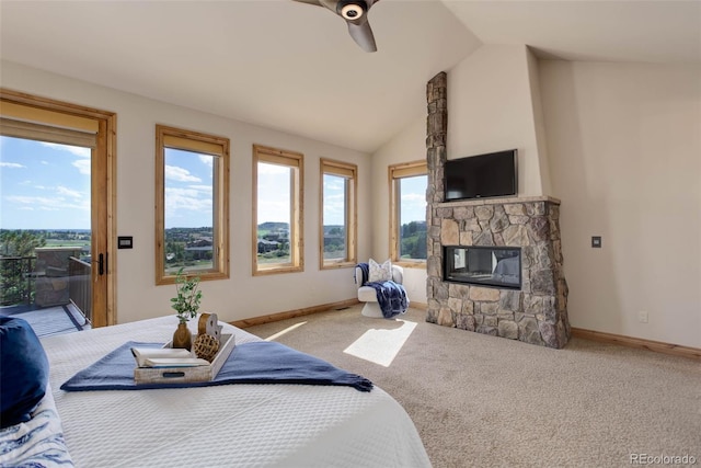 bedroom with access to outside, ceiling fan, high vaulted ceiling, a fireplace, and carpet floors