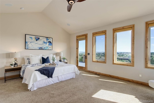 bedroom with carpet flooring, ceiling fan, access to exterior, and vaulted ceiling