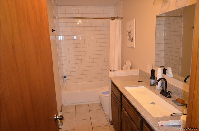 full bath with toilet, shower / bath combination with curtain, tile patterned flooring, and vanity