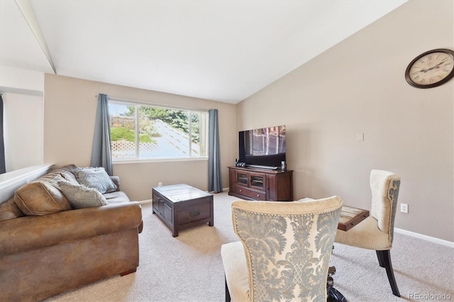 2905 E Yarrow Cir, Superior, CO 80027 - living room featuring light carpet, vaulted ceiling, and baseboards