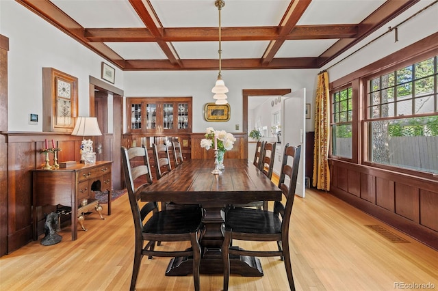 13 2nd St, Colorado Springs, CO 80906 - dining space featuring coffered ceiling, light wood-style flooring, beamed ceiling, and a wainscoted wall