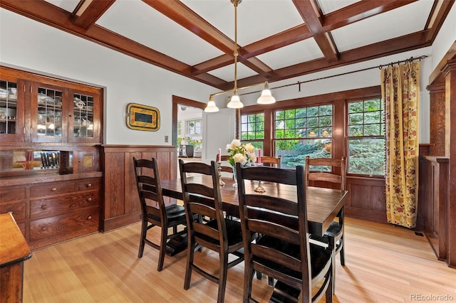13 2nd St, Colorado Springs, CO 80906 - dining space featuring coffered ceiling, light wood-style floors, beamed ceiling, and a wainscoted wall