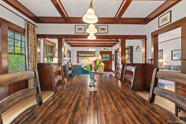 13 2nd St, Colorado Springs, CO 80906 - dining area with ornate columns, beam ceiling, wood finished floors, healthy amount of natural light, and coffered ceiling