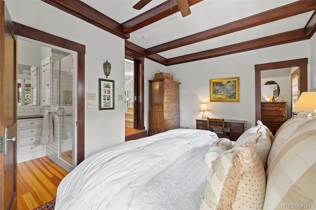 13 2nd St, Colorado Springs, CO 80906 - bedroom featuring wood finished floors, beamed ceiling, and a ceiling fan