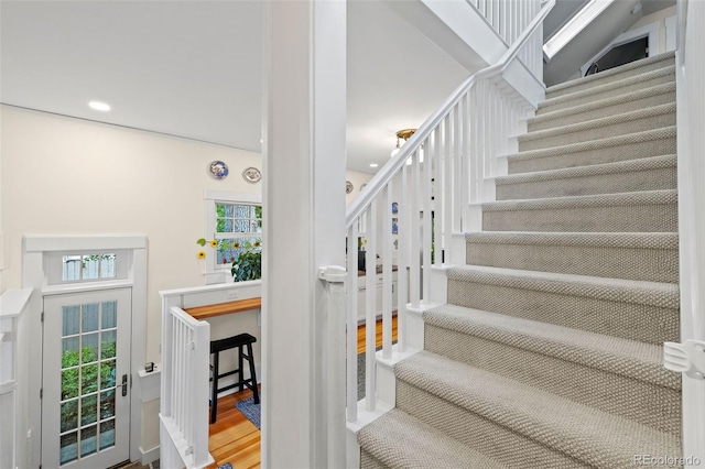 13 2nd St, Colorado Springs, CO 80906 - stairway featuring wood finished floors and recessed lighting