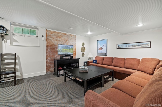 13 2nd St, Colorado Springs, CO 80906 - living room featuring dark colored carpet and crown molding
