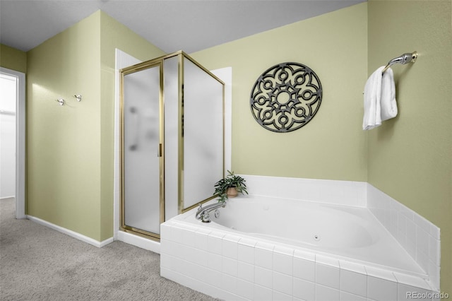 full bath with a shower stall, a tub with jets, and baseboards