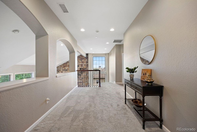 6299 Ellingwood Point Pl, Castle Rock, CO 80108 - hallway featuring a textured wall, carpet, and recessed lighting