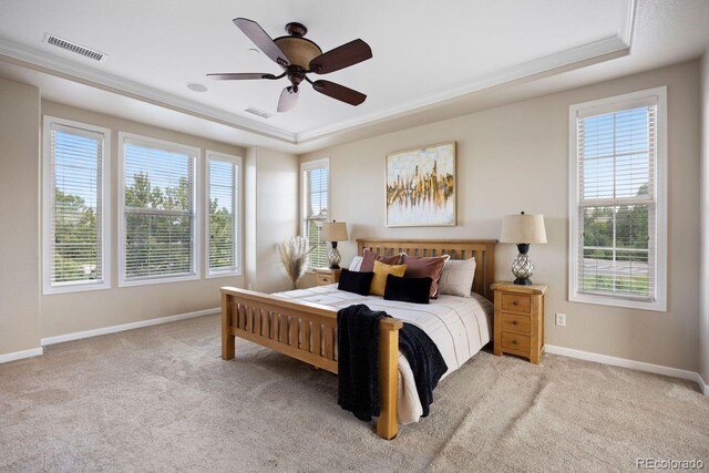 6299 Ellingwood Point Pl, Castle Rock, CO 80108 - bedroom featuring a tray ceiling, carpet, ornamental molding, and a ceiling fan