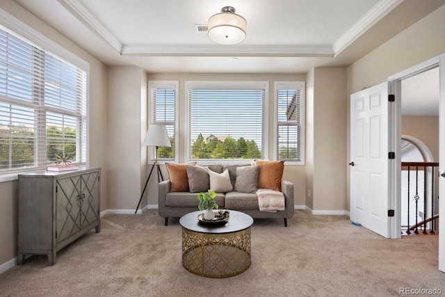 6299 Ellingwood Point Pl, Castle Rock, CO 80108 - sitting room with crown molding, a tray ceiling, light carpet, and healthy amount of natural light