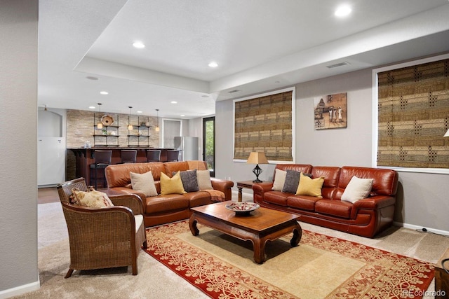6299 Ellingwood Point Pl, Castle Rock, CO 80108 - living room with carpet floors, recessed lighting, and a bar