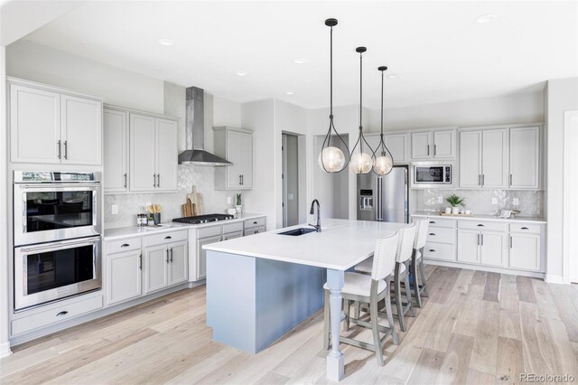 kitchen with a sink, appliances with stainless steel finishes, backsplash, and wall chimney exhaust hood