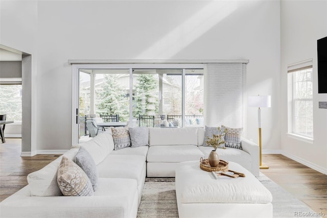 living area with baseboards, a high ceiling, plenty of natural light, and wood finished floors