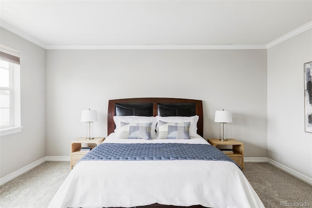 bedroom featuring carpet floors, ornamental molding, and baseboards
