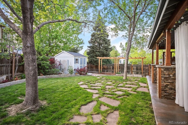 6480 Moss Cir, Arvada, CO 80007 - fenced backyard featuring a shed and a pergola