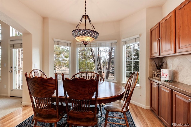 dining space with light hardwood / wood-style floors and a healthy amount of sunlight