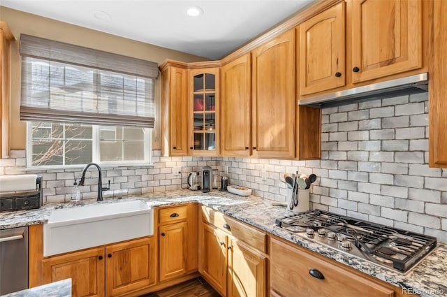 kitchen with tasteful backsplash, stainless steel appliances, sink, and light stone counters