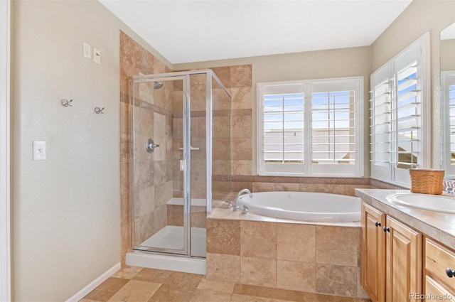 bathroom with vanity and plus walk in shower