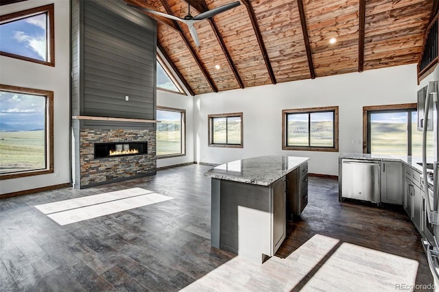 kitchen with dark wood-style floors, wood ceiling, stainless steel dishwasher, and a stone fireplace