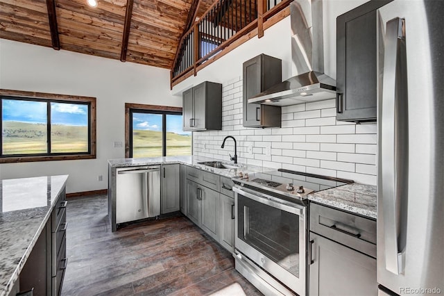 kitchen with a sink, wood ceiling, wall chimney range hood, appliances with stainless steel finishes, and tasteful backsplash