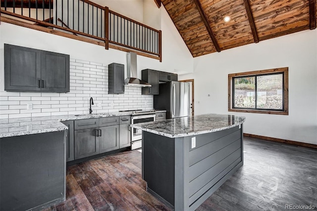 kitchen with dark wood-style floors, wood ceiling, wall chimney exhaust hood, appliances with stainless steel finishes, and a sink