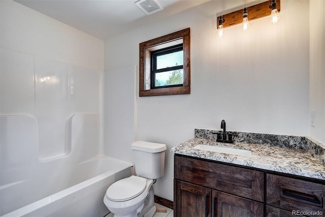 full bathroom with toilet, shower / bath combination, vanity, and visible vents