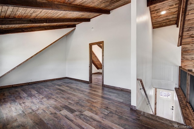 unfurnished living room with vaulted ceiling with beams, dark wood-type flooring, and wooden ceiling