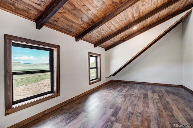 spare room featuring vaulted ceiling with beams, wooden ceiling, baseboards, and dark wood finished floors