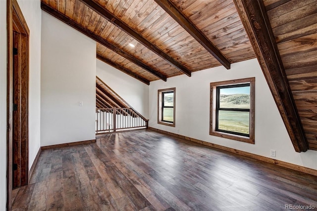 additional living space with vaulted ceiling with beams, dark wood-style flooring, wood ceiling, and baseboards