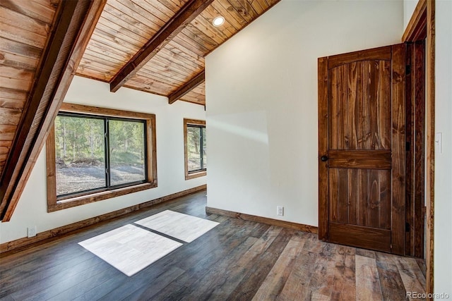 unfurnished room featuring wood ceiling, wood-type flooring, vaulted ceiling with beams, and baseboards