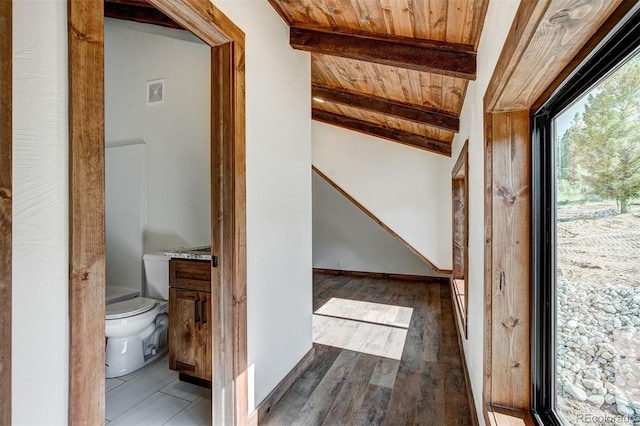 hall with vaulted ceiling with beams, visible vents, wood finished floors, wooden ceiling, and baseboards