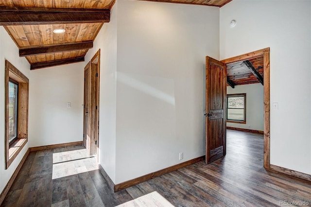 hallway with beam ceiling, dark wood-type flooring, wood ceiling, and baseboards