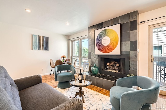 701 Harlan St Unit E59, Lakewood, CO 80214 - living room with baseboards, a healthy amount of sunlight, wood finished floors, and a fireplace