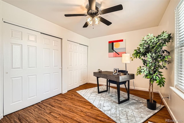 701 Harlan St Unit E59, Lakewood, CO 80214 - office area with baseboards, ceiling fan, and wood finished floors