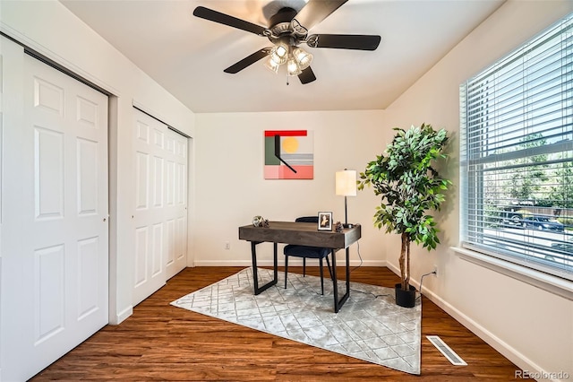 701 Harlan St Unit E59, Lakewood, CO 80214 - office space with baseboards, a ceiling fan, wood finished floors, and visible vents
