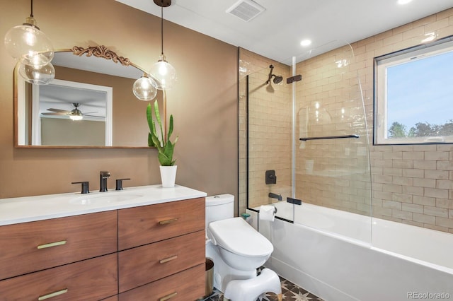 full bath featuring vanity, shower / bath combination, a ceiling fan, recessed lighting, and toilet
