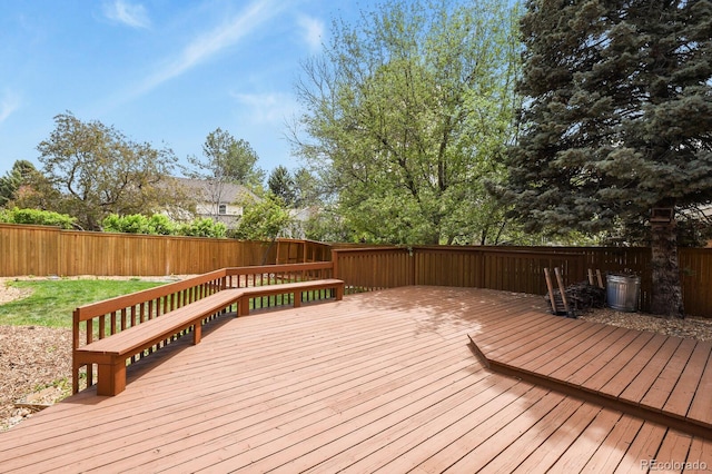 wooden deck featuring a fenced backyard