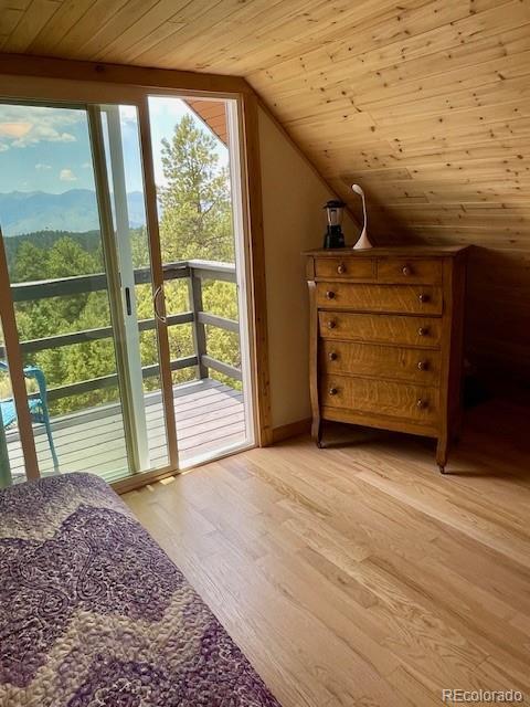 640 Ridgeway Dr, Cotopaxi, CO 81223 - bedroom with vaulted ceiling, access to exterior, wood ceiling, light wood-style floors, and a mountain view