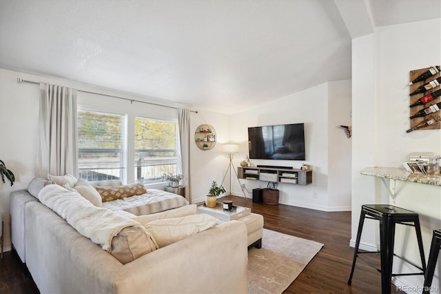 living room featuring lofted ceiling and dark wood-type flooring