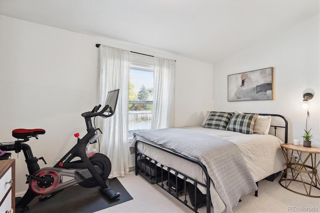 carpeted bedroom featuring lofted ceiling