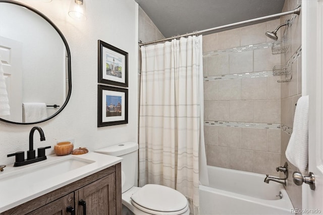 full bathroom with vanity, toilet, a textured ceiling, and shower / tub combo with curtain