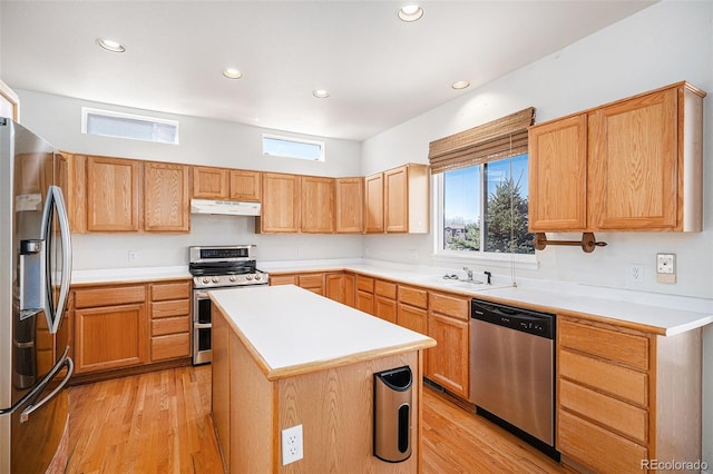 kitchen with under cabinet range hood, stainless steel appliances, a healthy amount of sunlight, and a sink