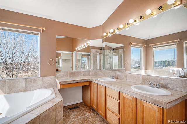 bathroom with a stall shower, a wealth of natural light, and a sink