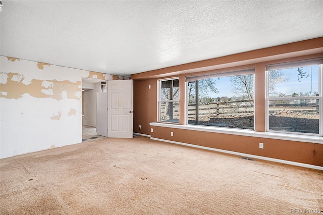 carpeted spare room with baseboards, plenty of natural light, a textured ceiling, and visible vents