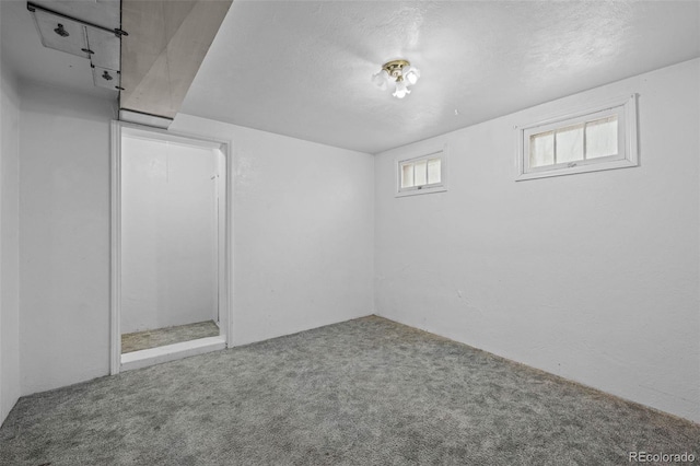 below grade area featuring a textured ceiling and carpet flooring