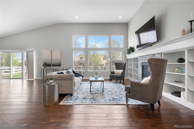 living area featuring wood-type flooring, high vaulted ceiling, and a glass covered fireplace