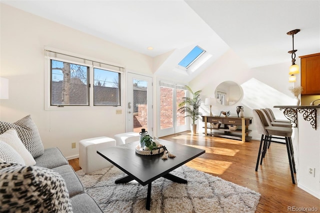443 Garfield St, Denver, CO 80206 - living room featuring light wood-style flooring, a skylight, baseboards, and lofted ceiling