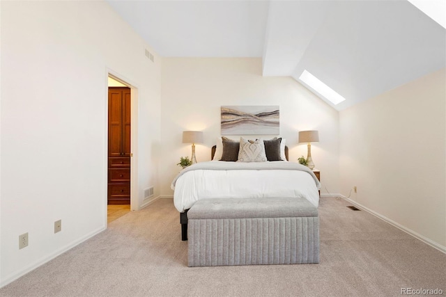 443 Garfield St, Denver, CO 80206 - bedroom featuring a skylight, carpet, lofted ceiling, and baseboards