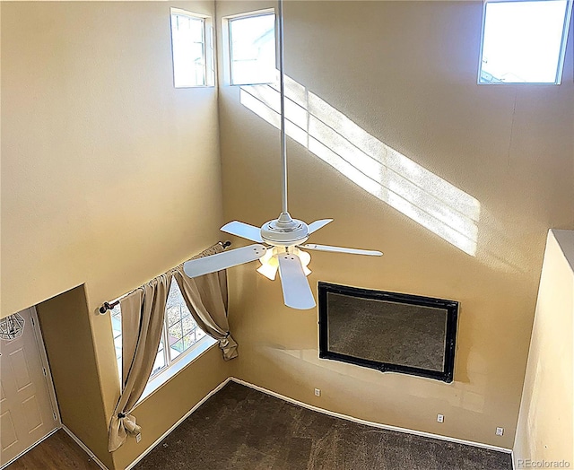details featuring baseboards, a ceiling fan, and carpet flooring